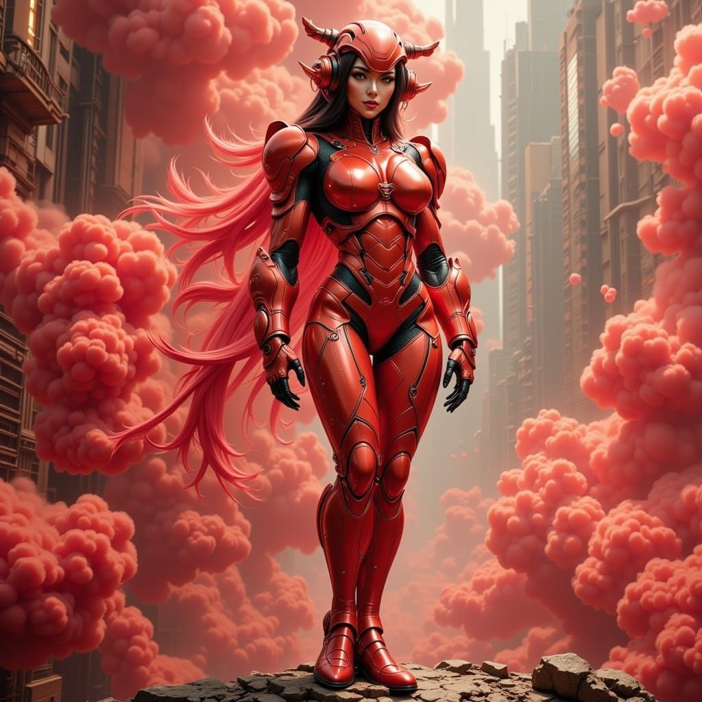Retro-Futuristic Cyborg in Ethereal Red Smoke