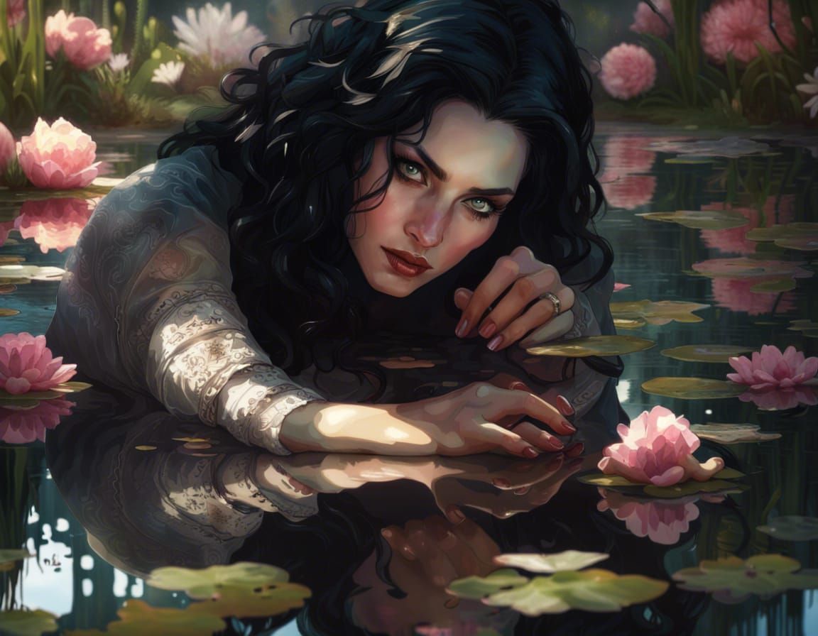 Yennefer and Mirrored Reflection in Flower Garden