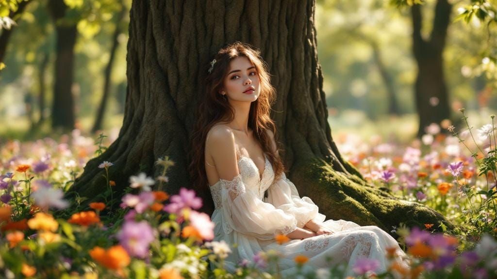 Sunlit Forest Scene with Woman in White Dress