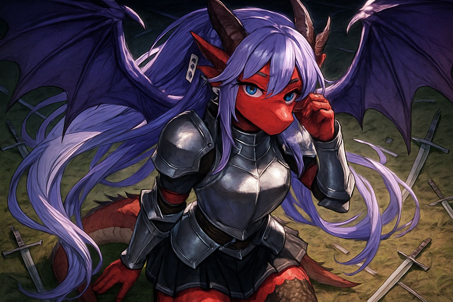 Anime Dragoness on Battlefield in Armor