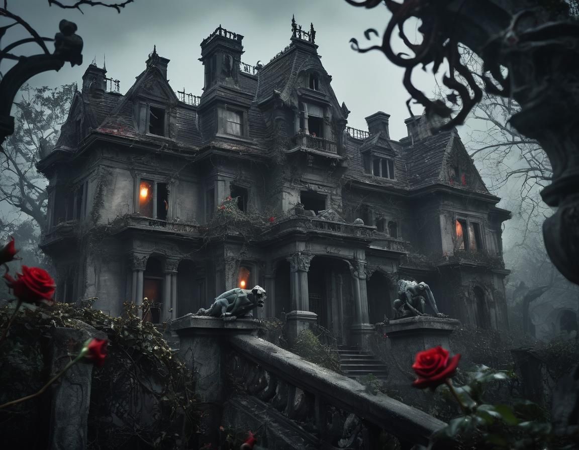 Dark Haunted Mansion with Gargoyles and Red Roses