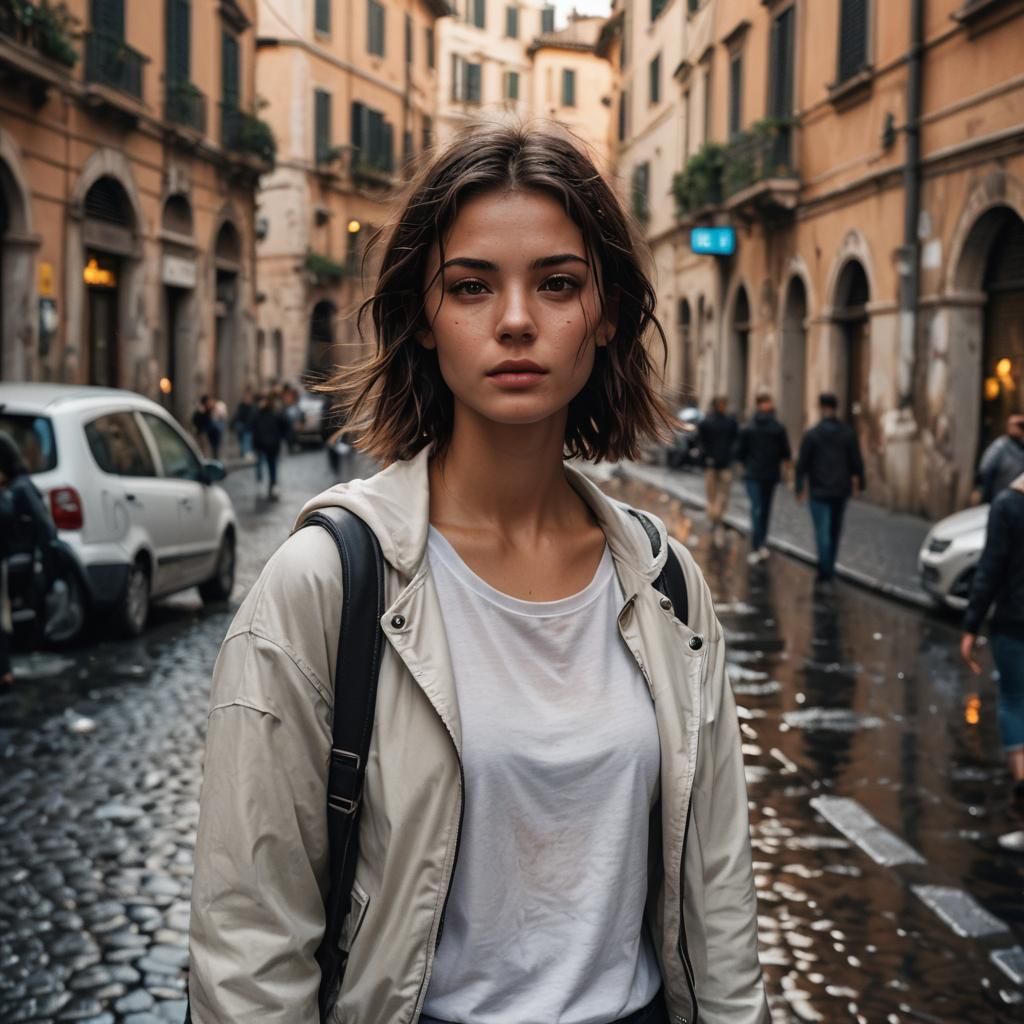 22 years old brunette girl, with wet mid-short loose hair, brown eyes, natural beauty, calm expression, warm sk...