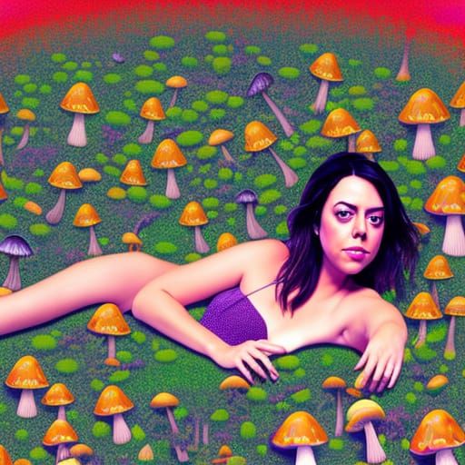 Aubrey Plaza in a Groovy Mushroom Field Portrait