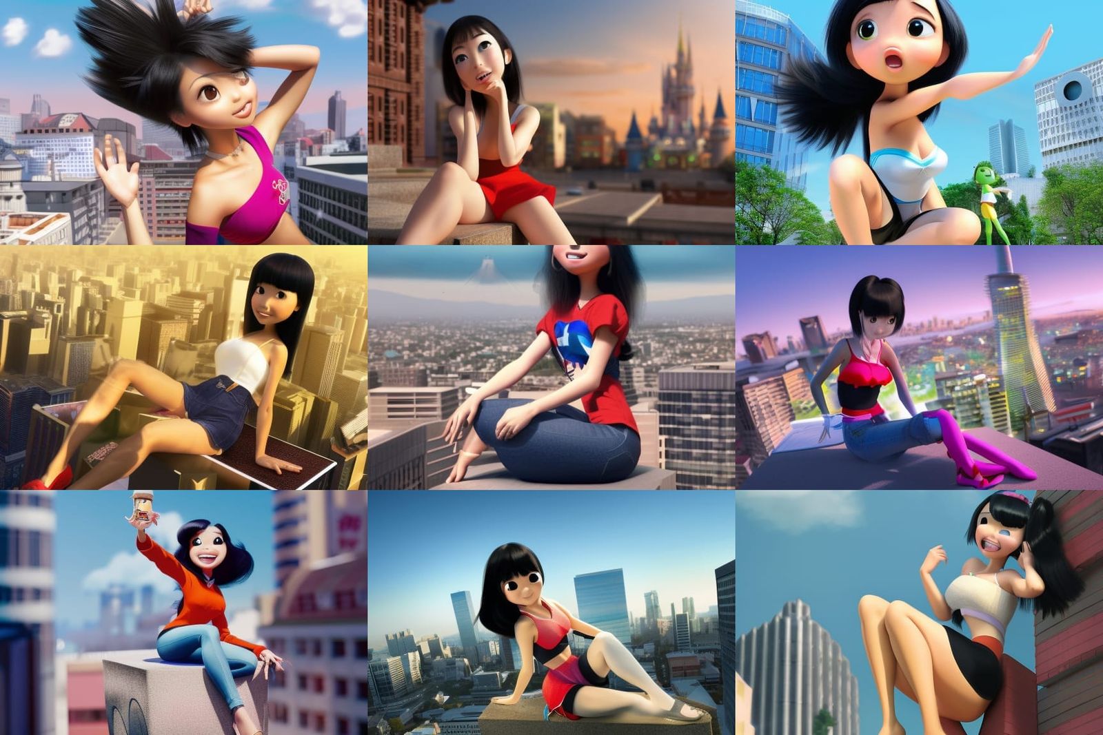 Giantess Atop Building in Pixar-Style 3D Art