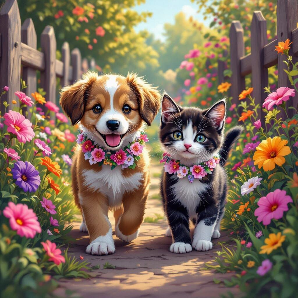 Puppy and Kitten Walk in Whimsical Garden