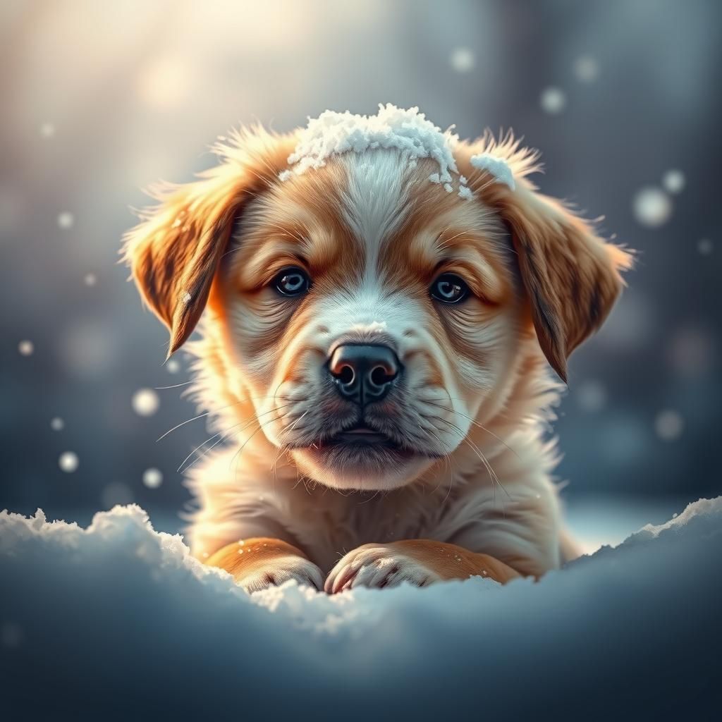 Hyperrealistic Puppy Covered in Snow