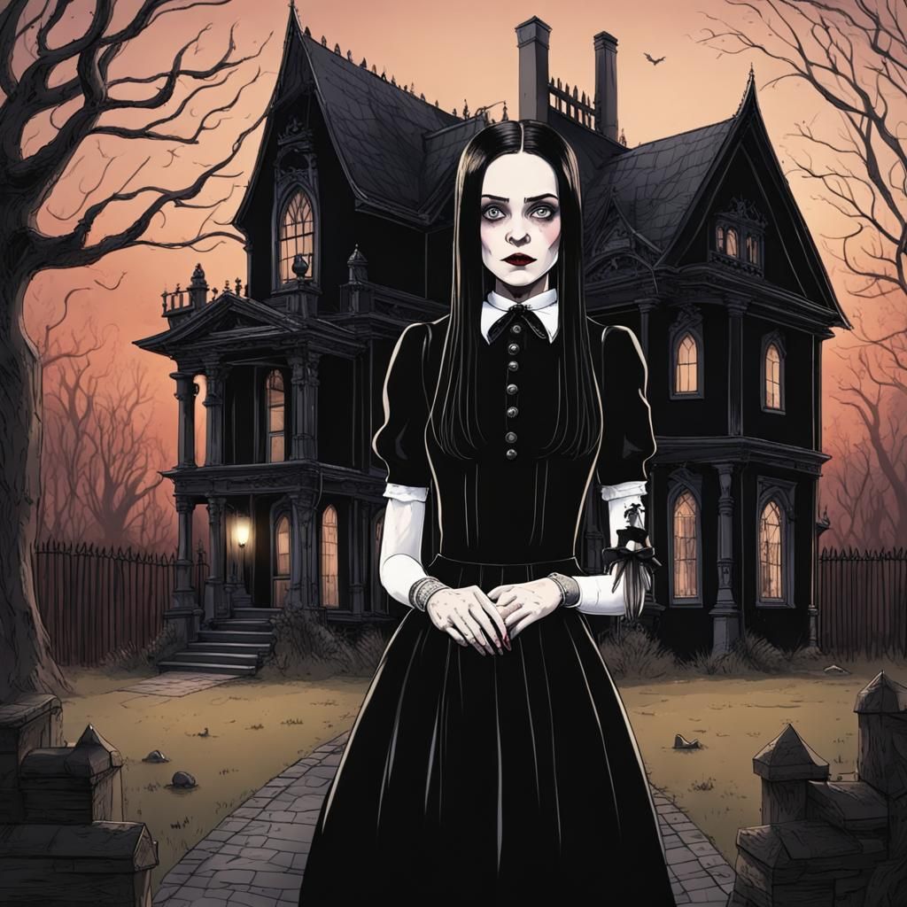 Creepy Wednesday Addams in Gothic Setting