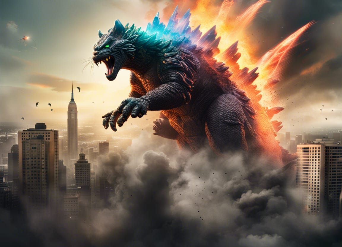 Godzilla Cat Hybrid Attacks City in Hyperrealistic Image