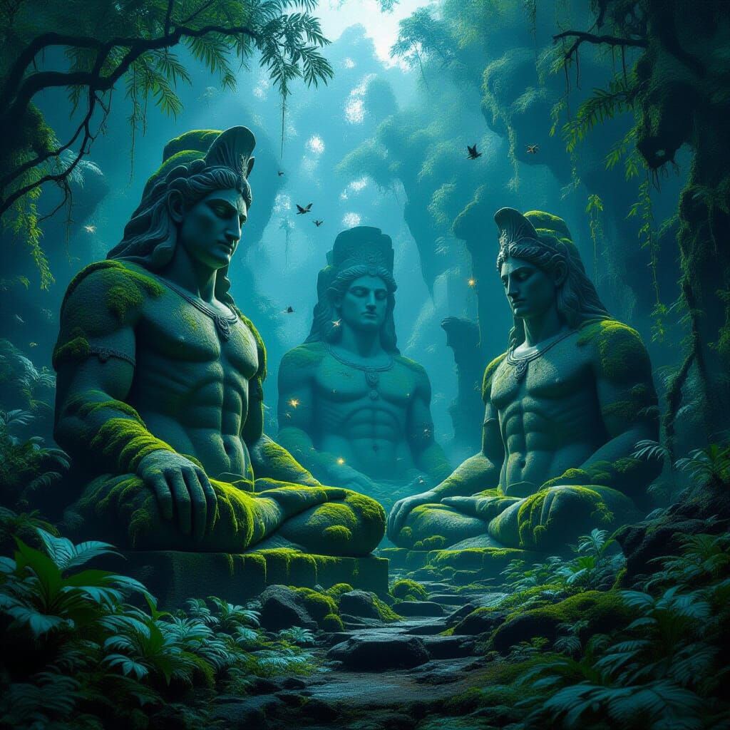 Bioluminescent Alien Rainforest with Greek God Statues