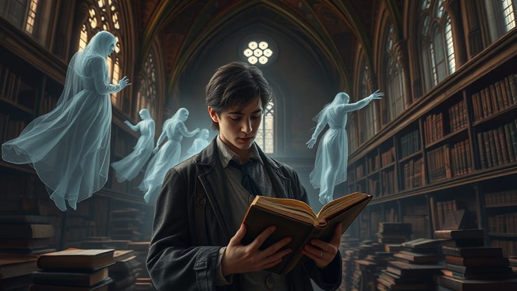 Ethereal Ghosts Dance in Abandoned Gothic Library