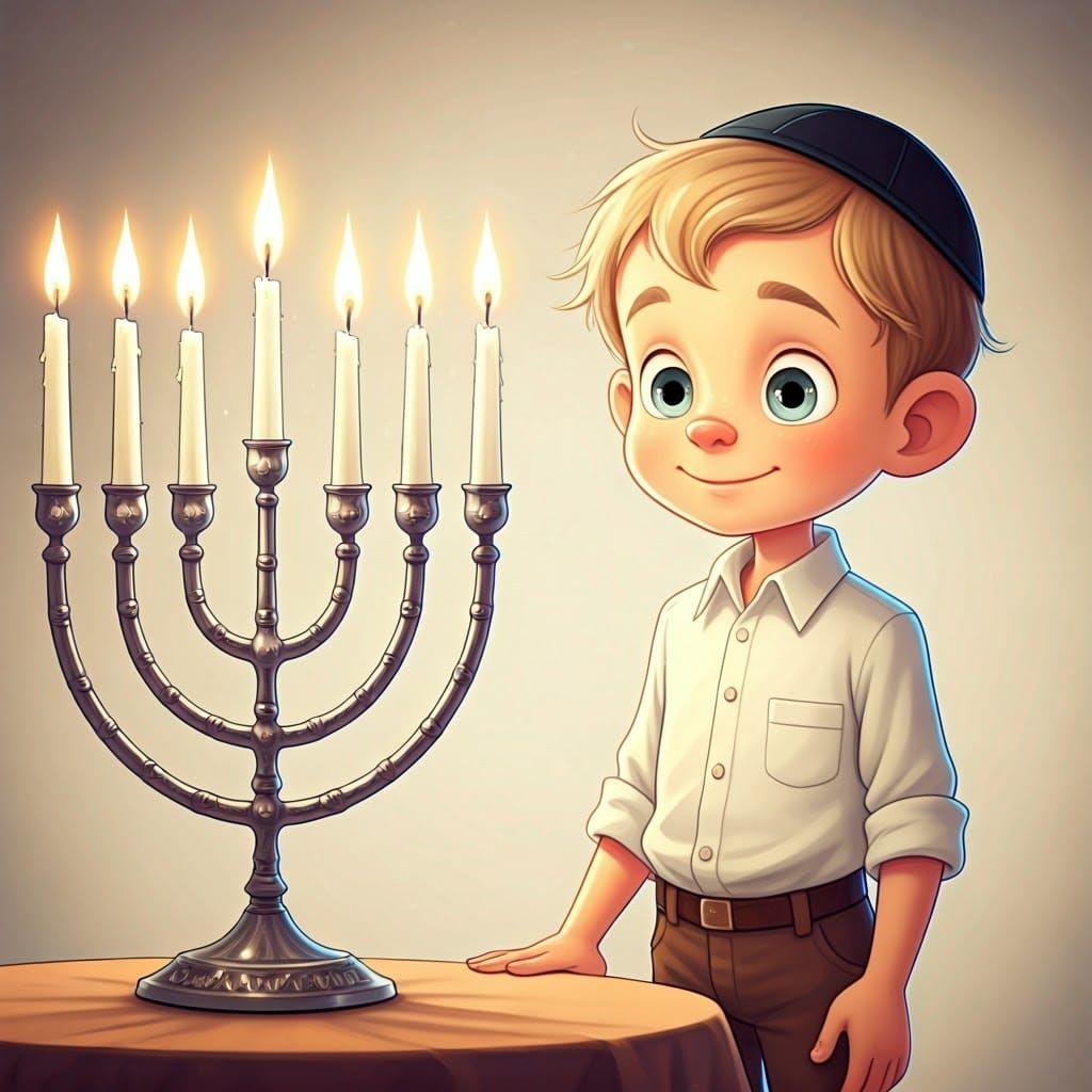 Whimsical Jewish Boy Admires Silver Menorah in Watercolor Il...