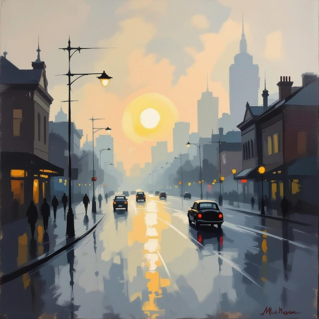 Misty Melbourne Sunrise Painting in Tonalist Style