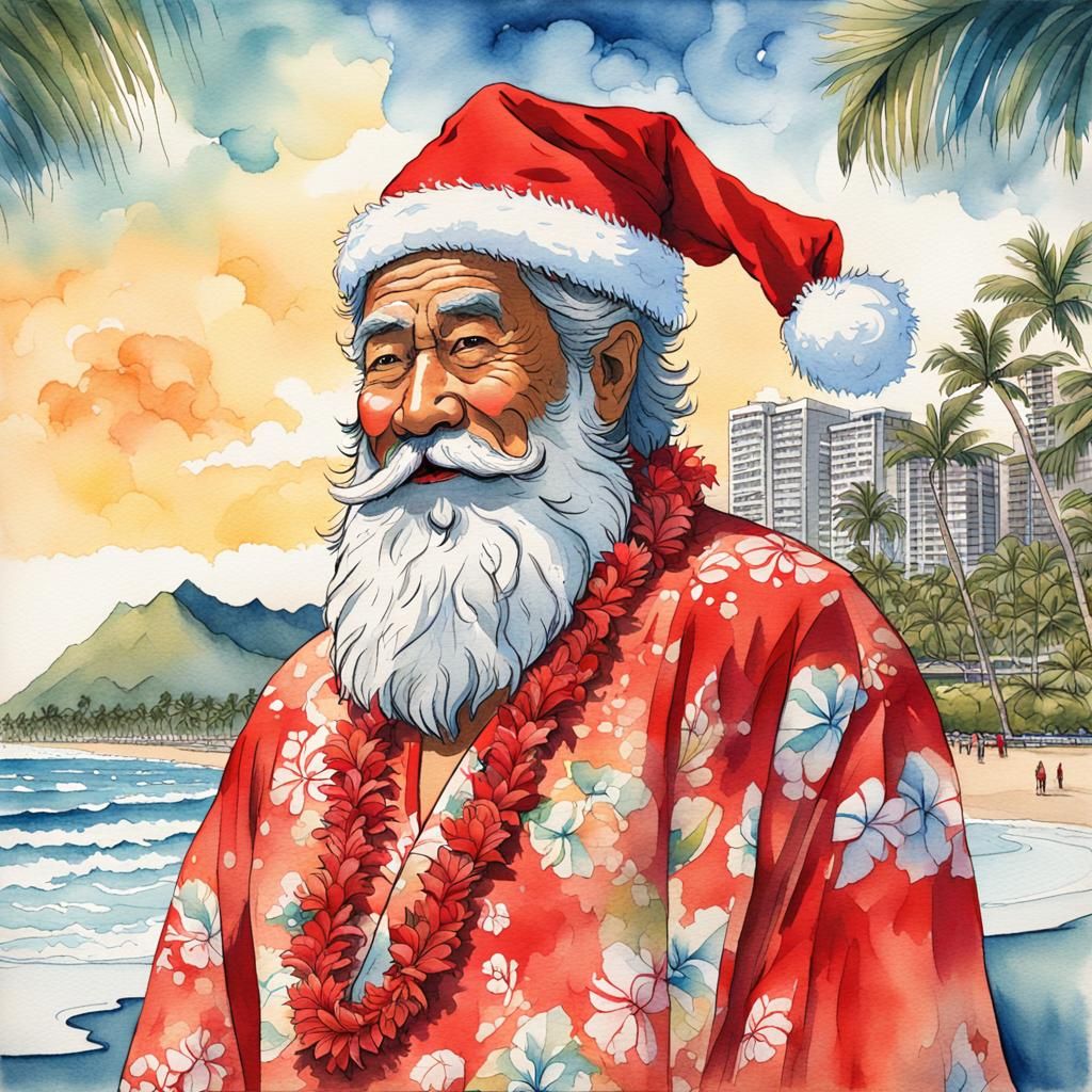 Kanakaloka: Hawaiian Santa on Waikiki in Watercolor