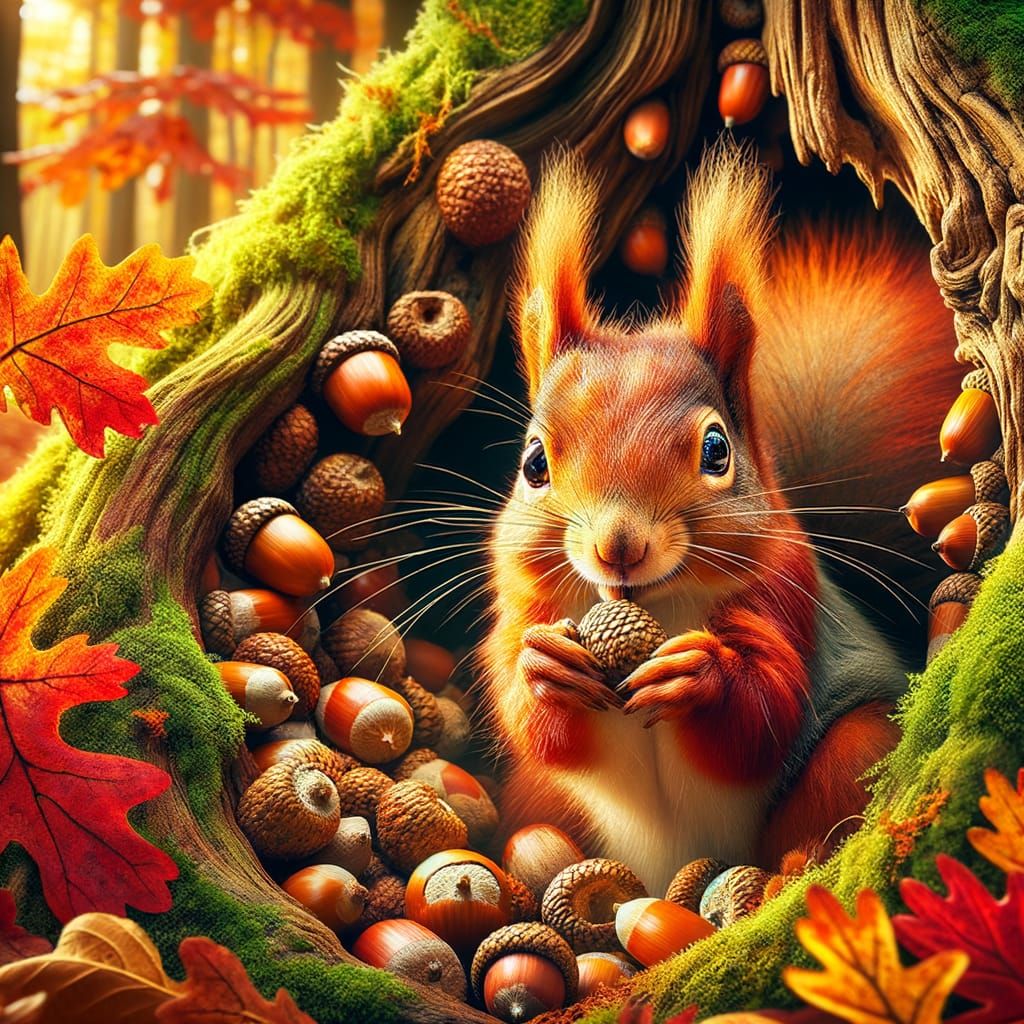 Squirrel Prepares for Winter in Autumn Forest