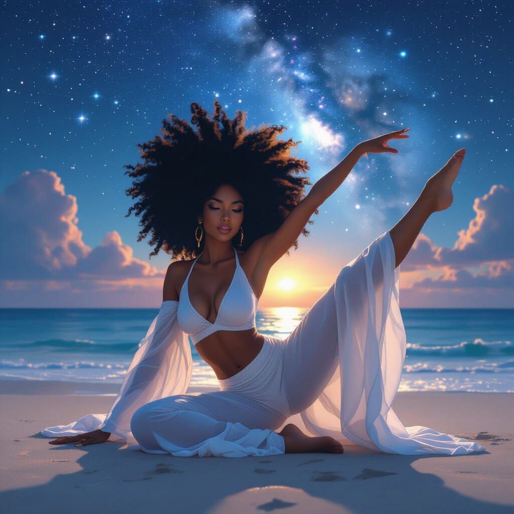 Ethereal Goddess Doing a Split on a Beach