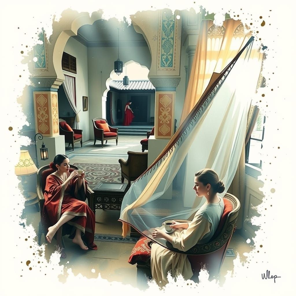 Elegant Moroccan Oasis in Warm, Golden Light