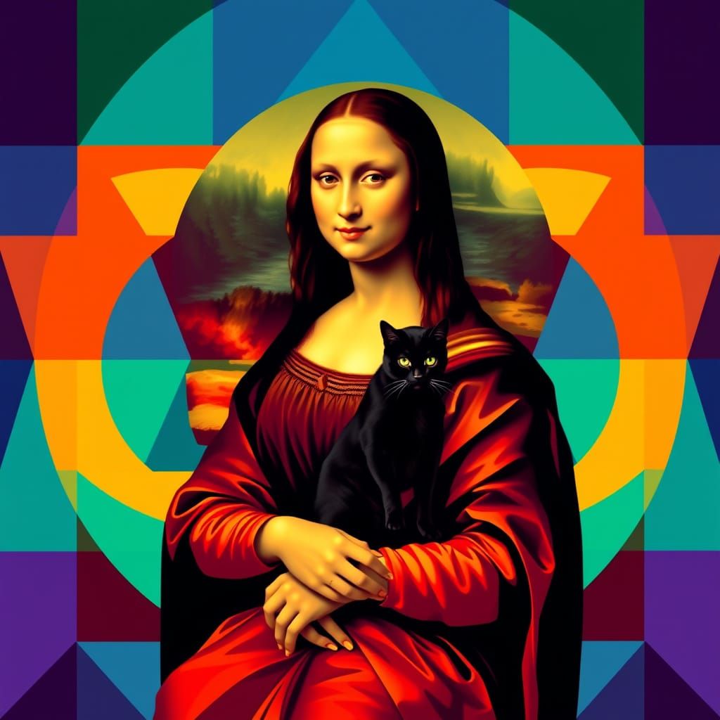 Mona Lisa with Cat, in Vibrant Screen Print Style