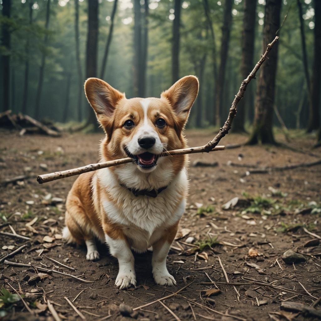 Corgi with Stick in Mouth: Cinematic Film Still