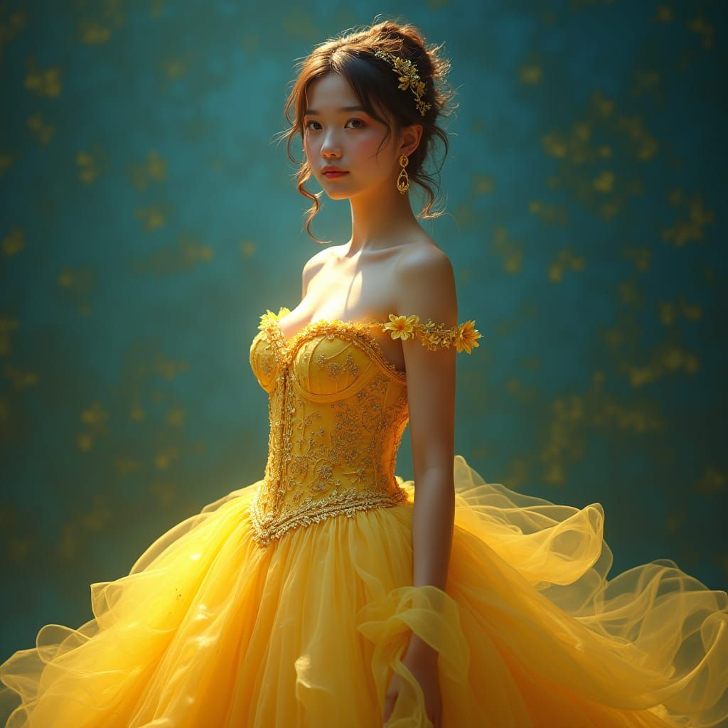 Elegant Woman in Sunshine Yellow Ball Gown