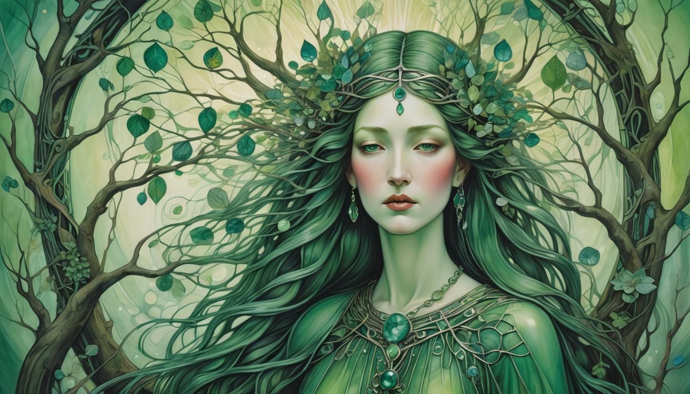 Goddess Gaia in Emerald Landscape, Art Nouveau Style