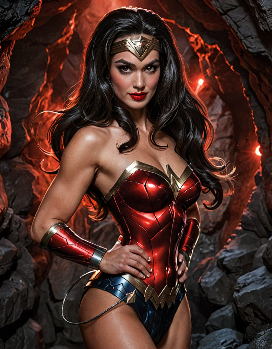 Wonder Woman, evil smile, glowing black eyes, hyperrealistic...