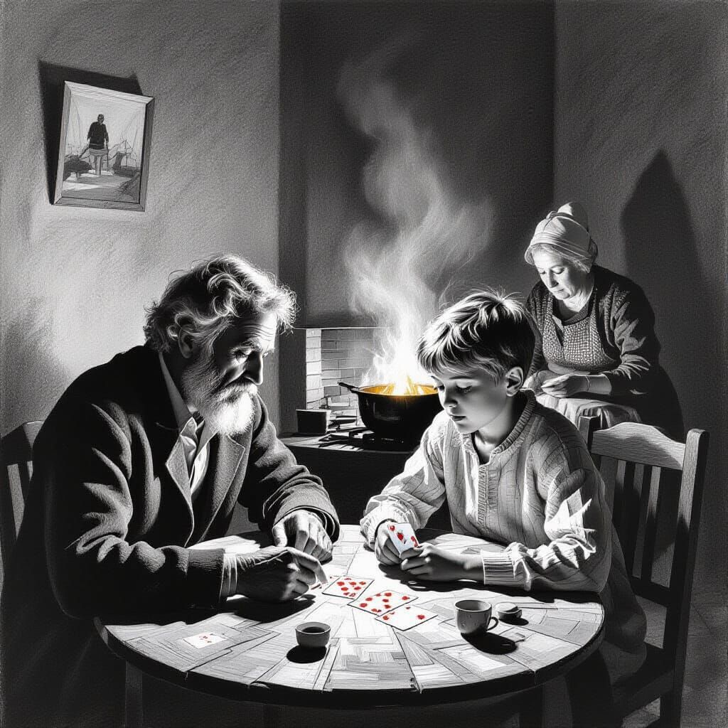 Man and Child Play Cards in Surreal Baroque Drawing