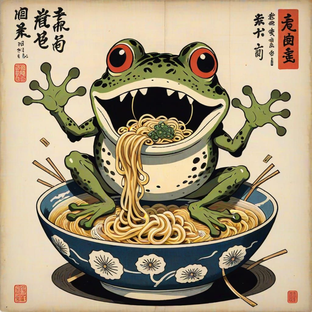 Terrified Frog and Ramen Monster, Ukiyo-e Print