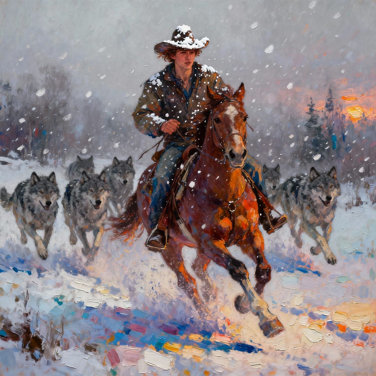 Cowboy Pursued by Wolves in Snowy Storm Painting