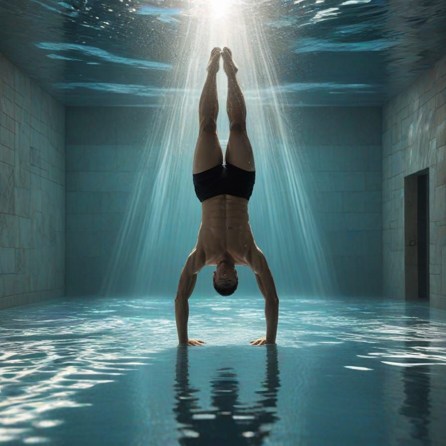 man doing handstand under the swimming pool's water