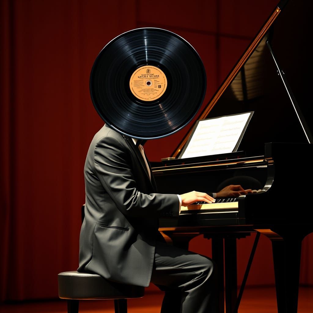 Surreal Pianist with Record Head in Dreamlike Style