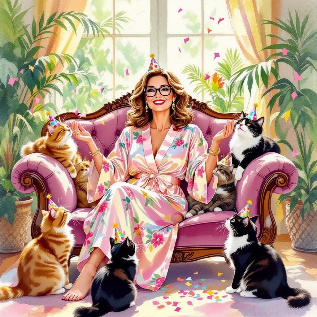 Woman Lounging with Cats in Sunroom, Watercolor Style