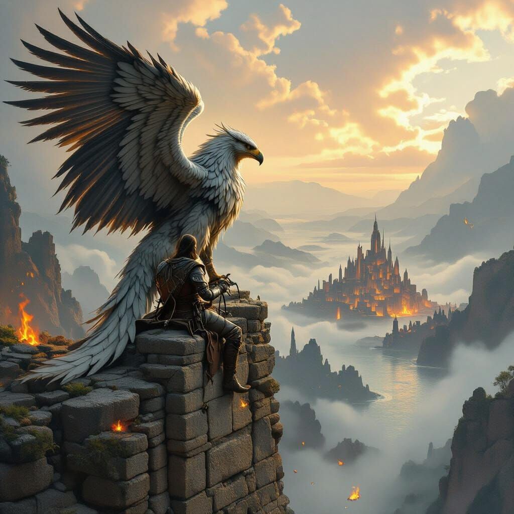 Griffin and Warrior Amidst Ancient Ruins
