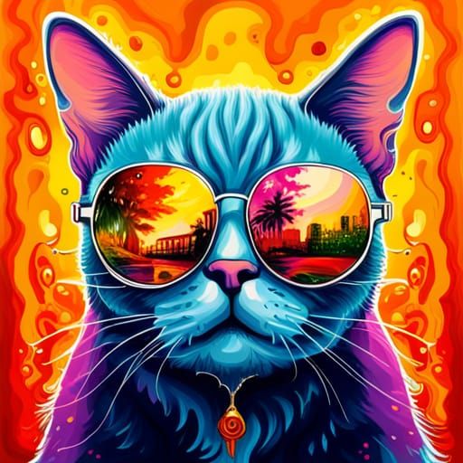 Psychedelic Graffiti Cat with Sunglasses