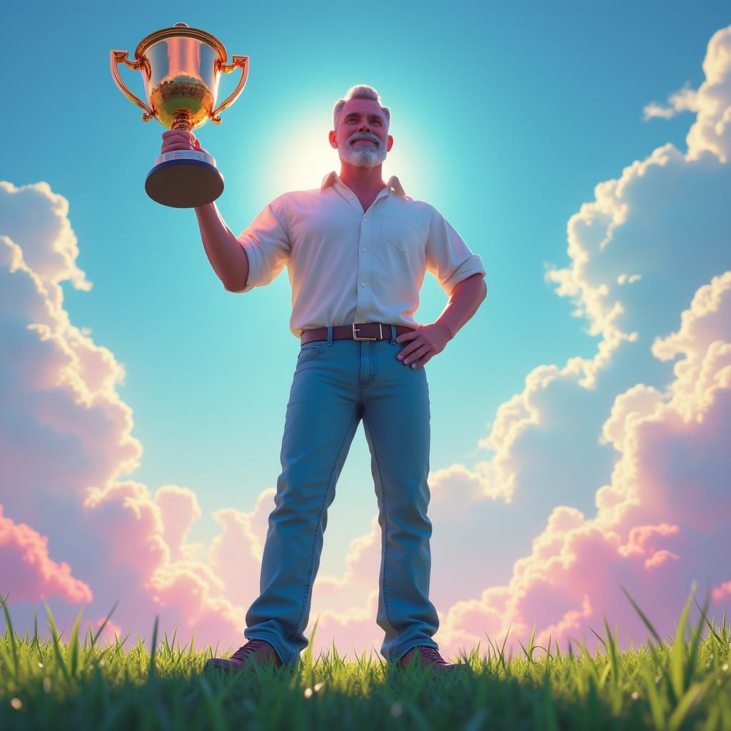 Heroic Dad Celebrates Victory: Biomechanical Futuristic Visi...