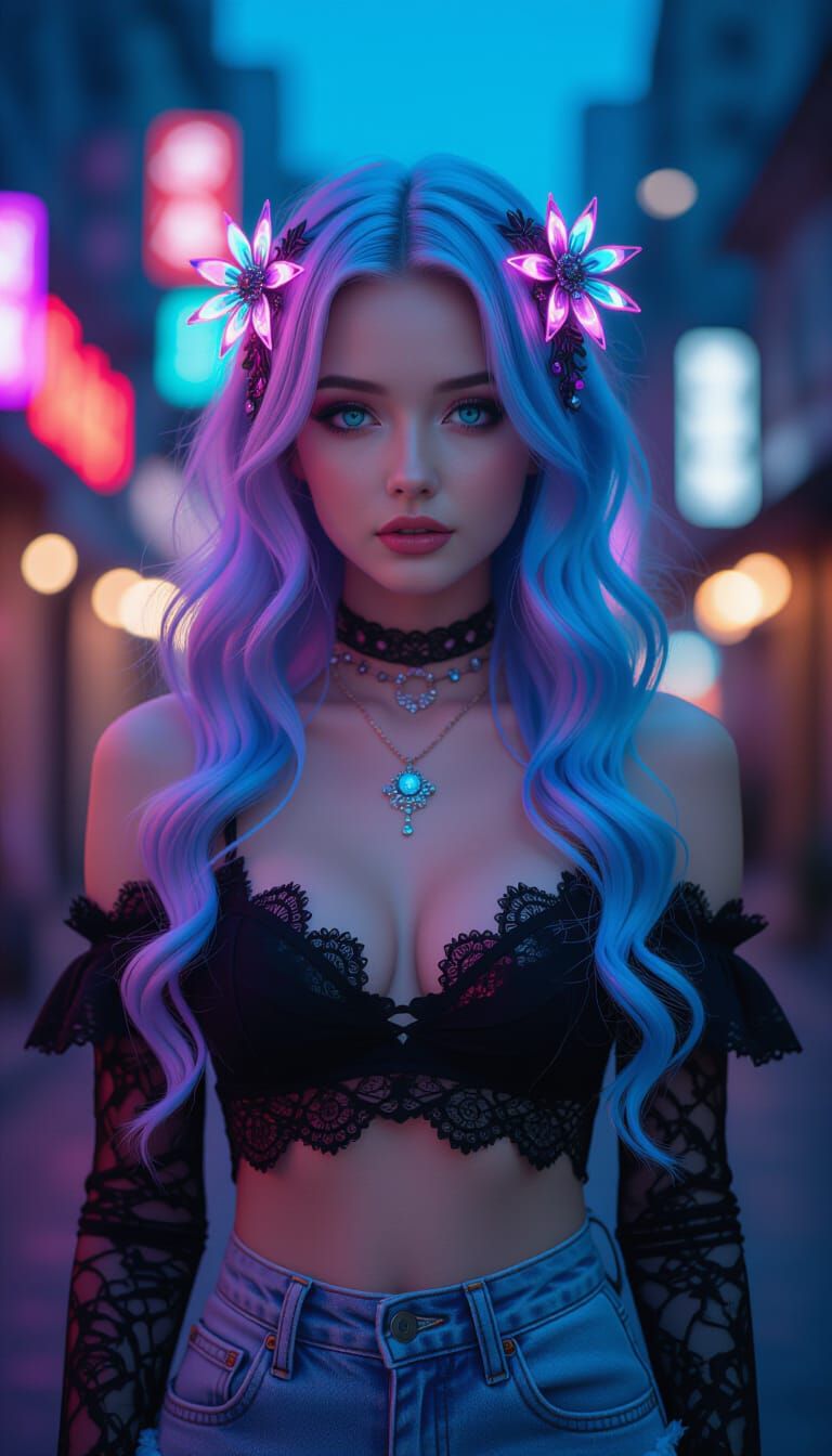 Neon Cyberpunk Woman with Flowing Hair