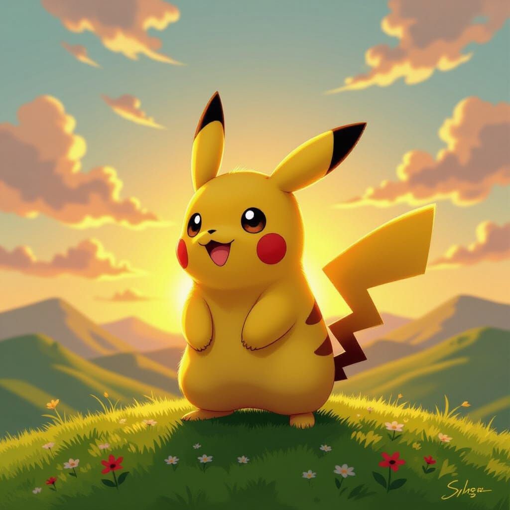 Pikachu on Hillside at Golden Hour