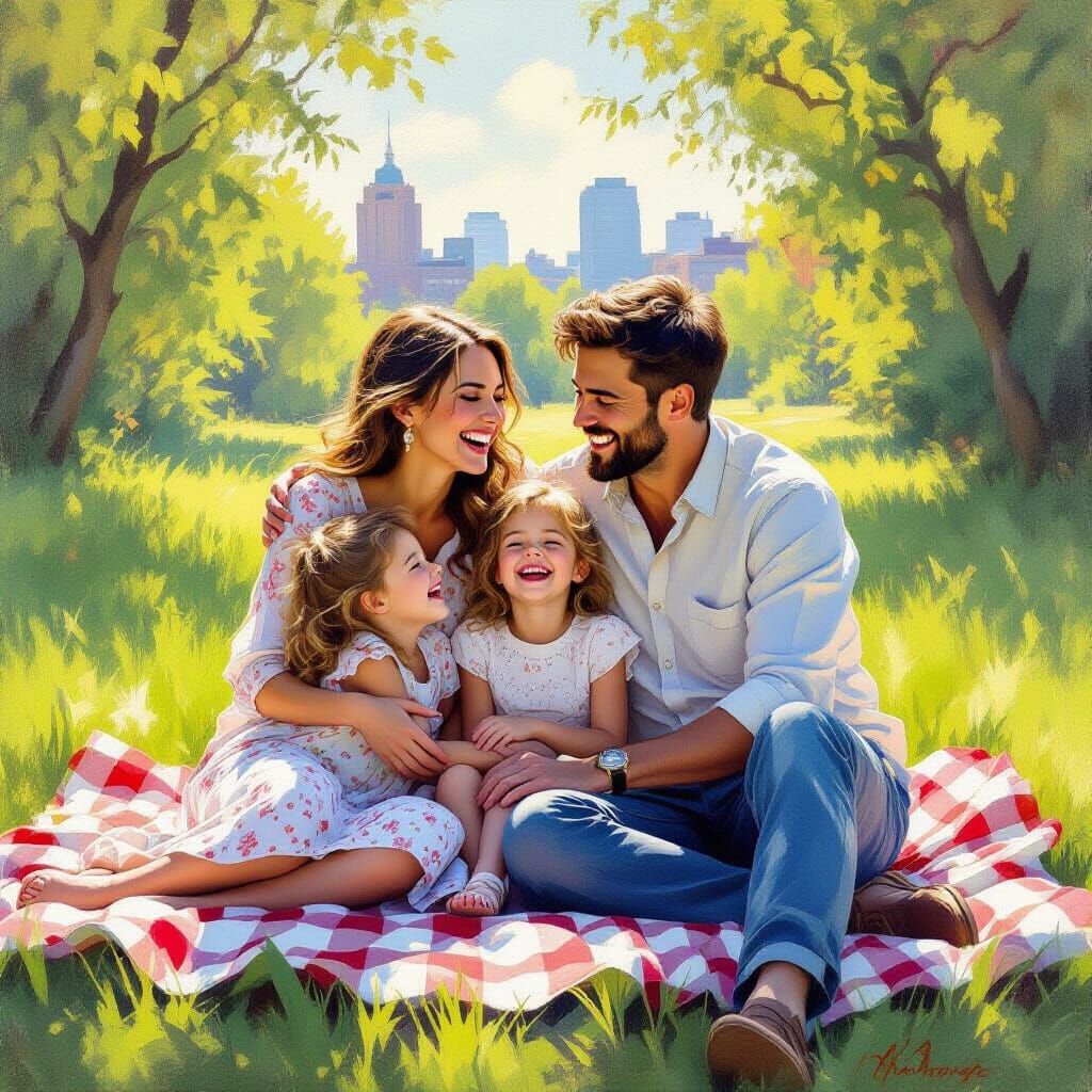 Joyful Family Time in Sunlight, Impressionistic Oil Painting