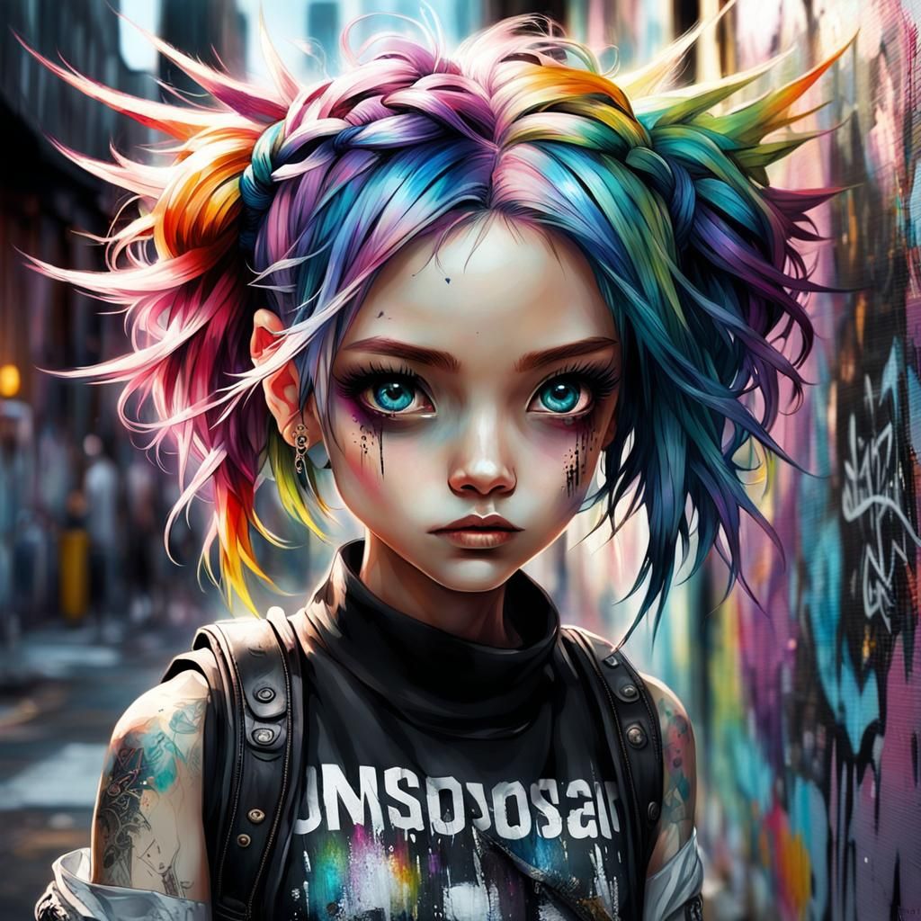 Chibi Punk Girl with Graffiti Wings: Digital Art