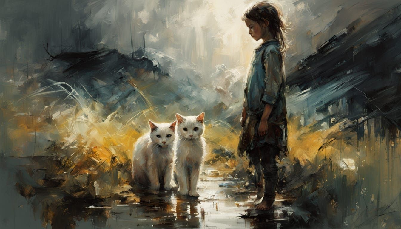 Little Girl and Cat in Spring Meadow, Oil Painting