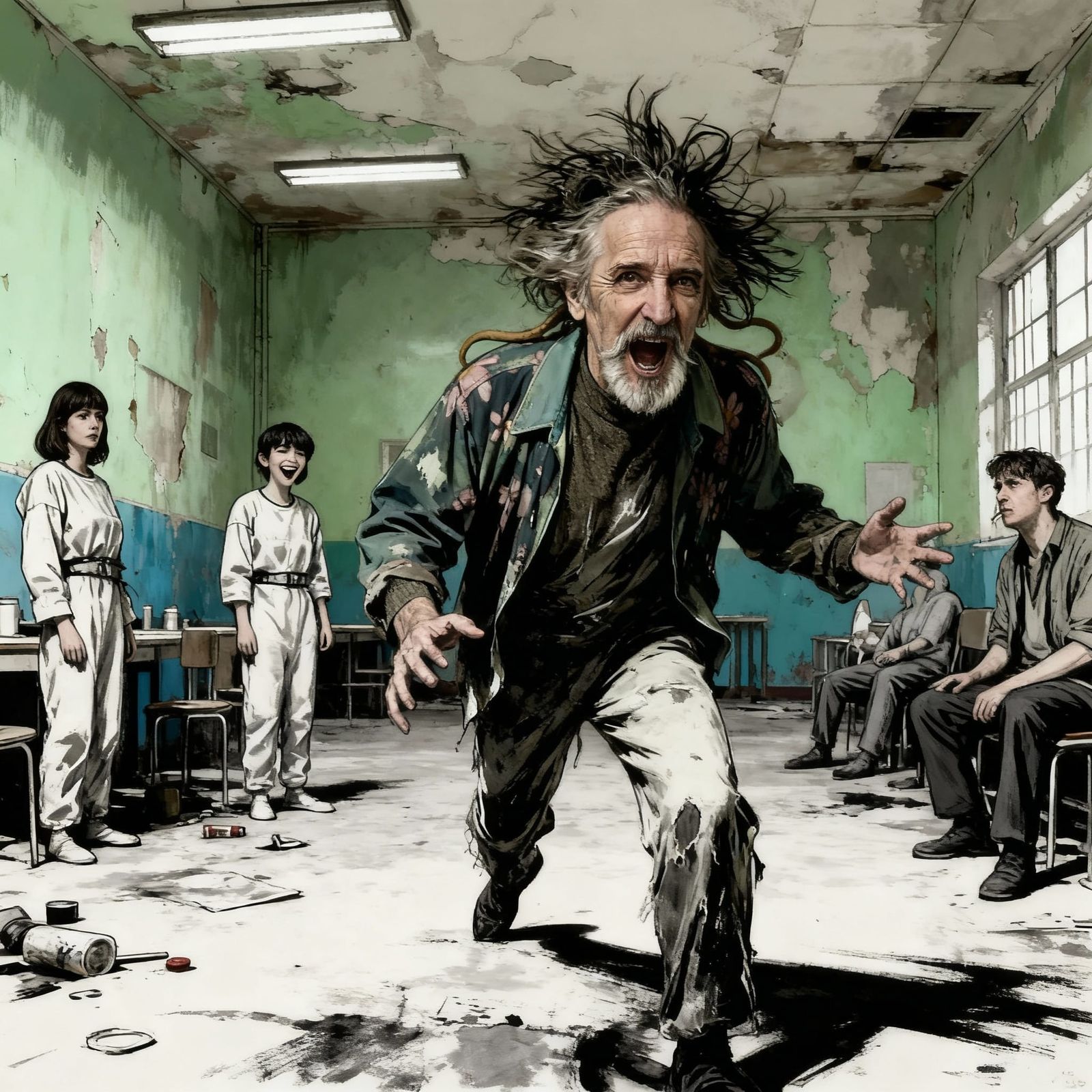 Neo-Expressionist Asylum Scene with Manic Patient