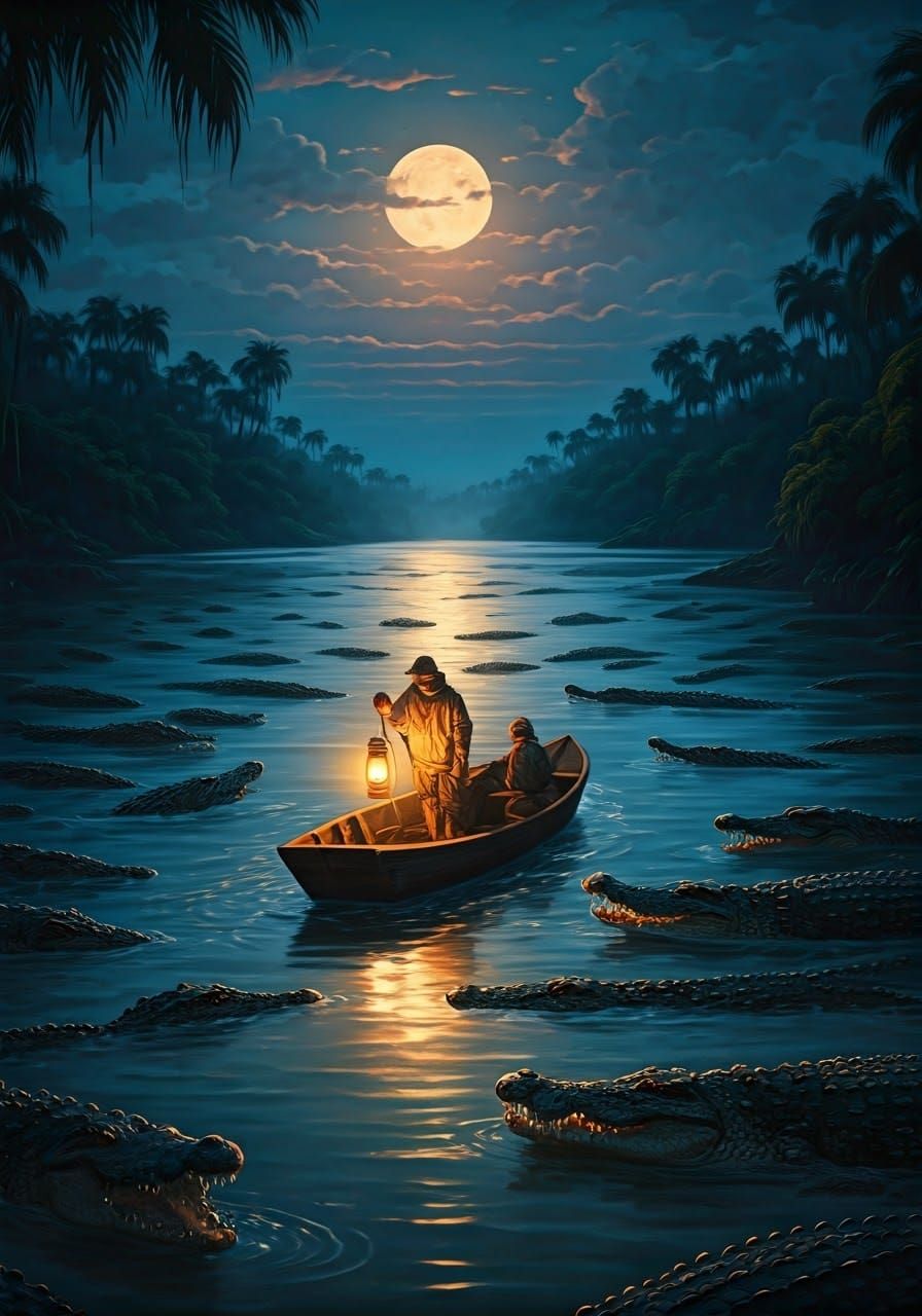 Moonlit River Scene with Crocodile Catchers and Ancient Croc...