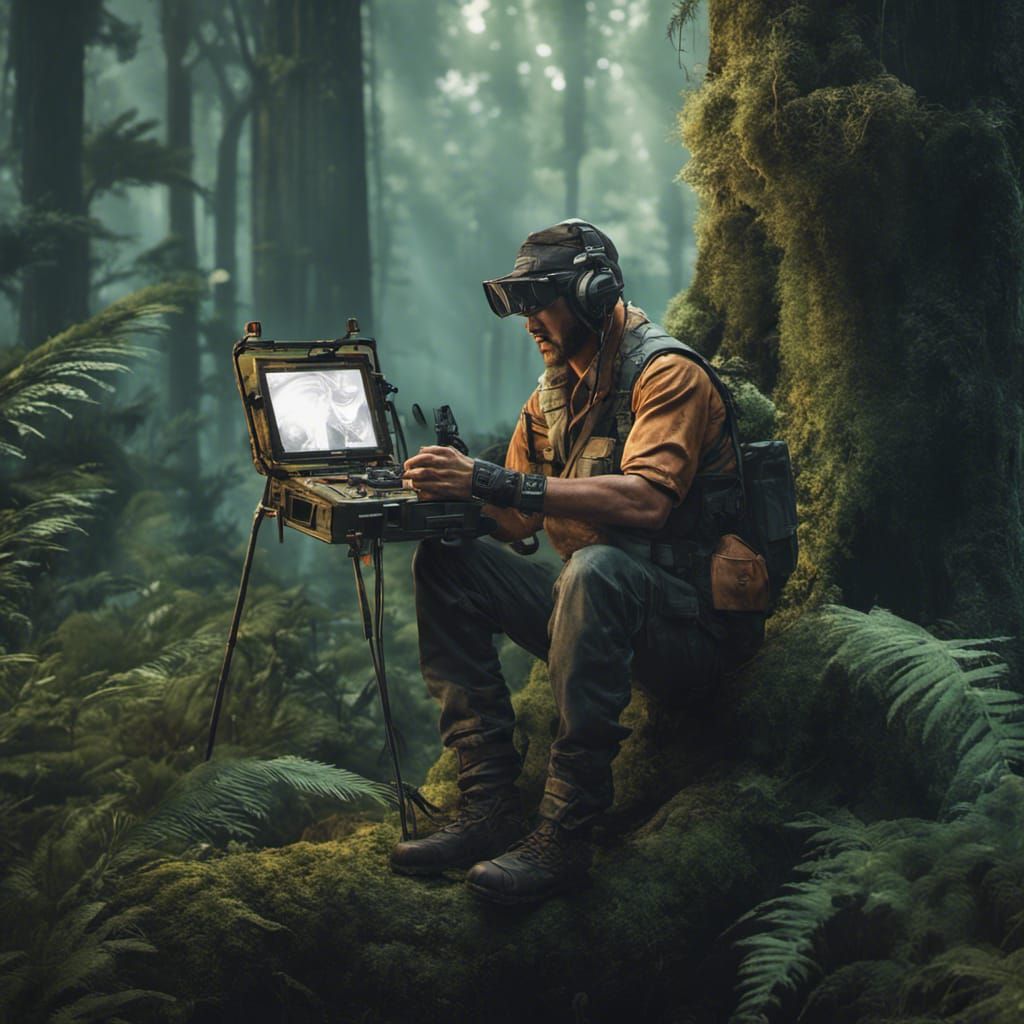 Retro-Futuristic Radio Operator in Cyberpunk Forest