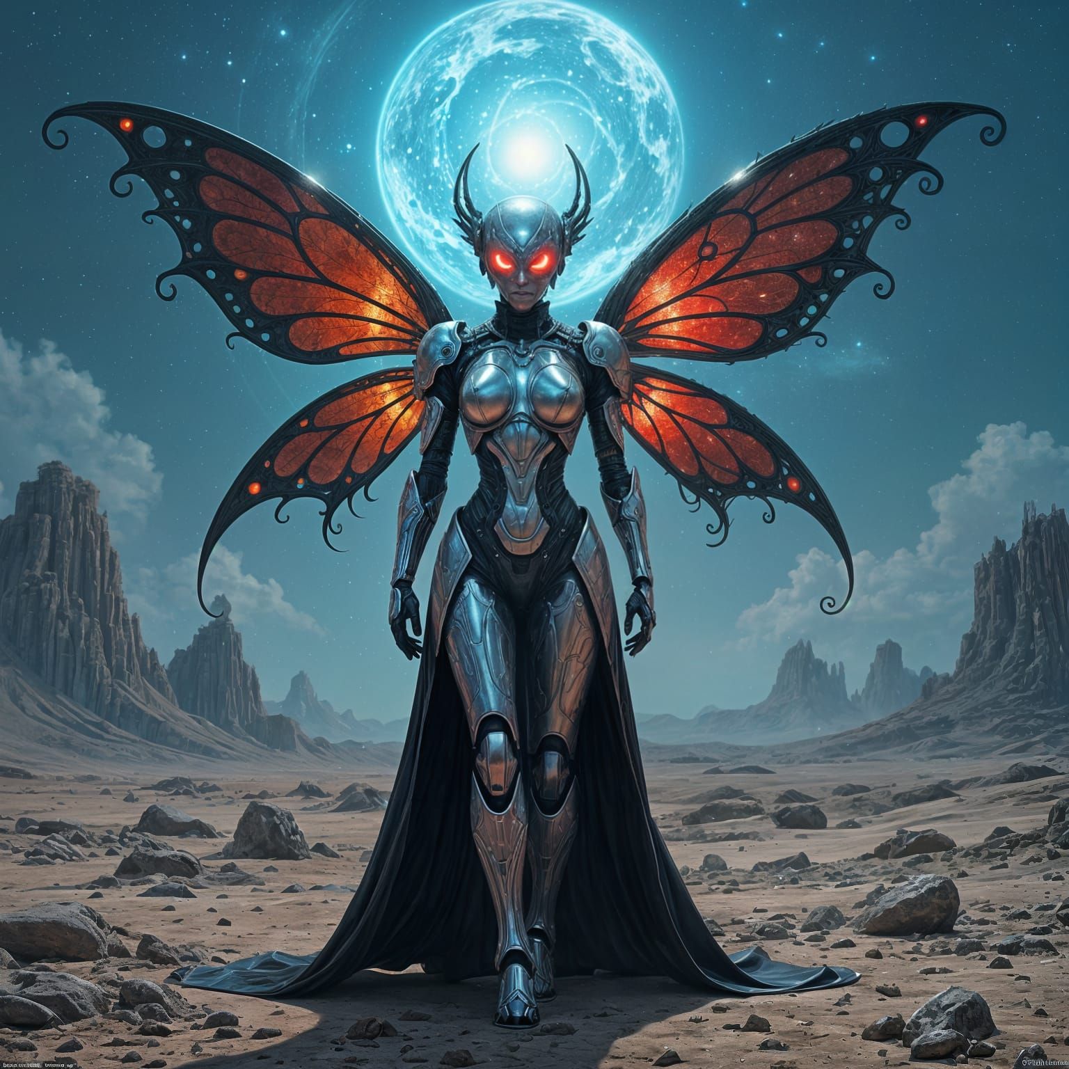 Biomechanical Android in Wasteland with Cosmic Sky