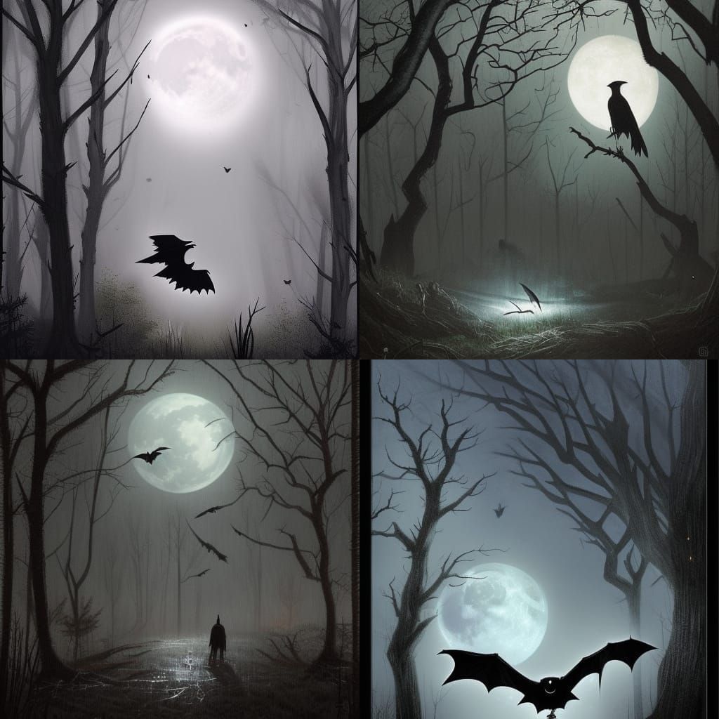 Crow Flying Across Full Moon in Dark Woods