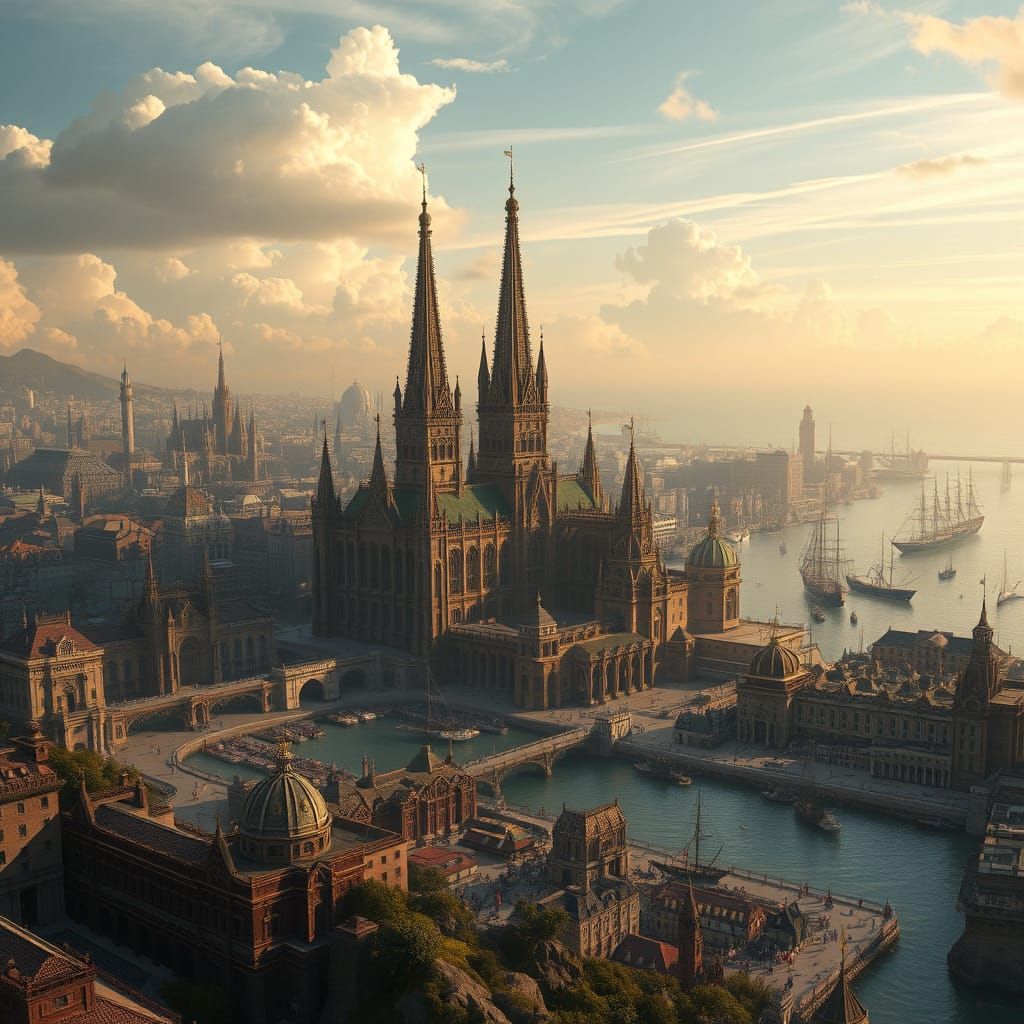 Epic Coastal Cityscape with Gothic Architecture and Summer S...