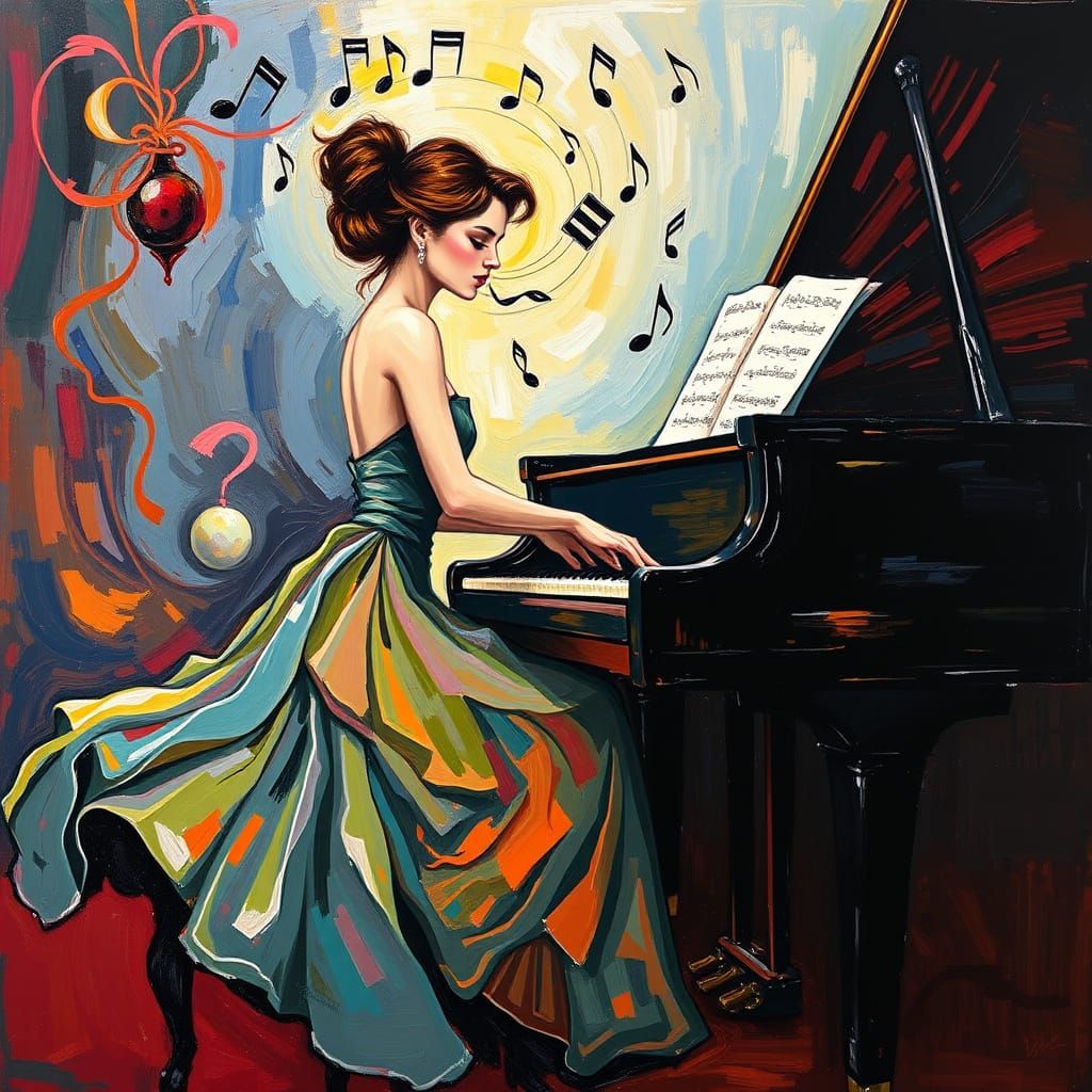 Elegant Woman Plays Piano Amidst Swirling Neo-Impressionist ...
