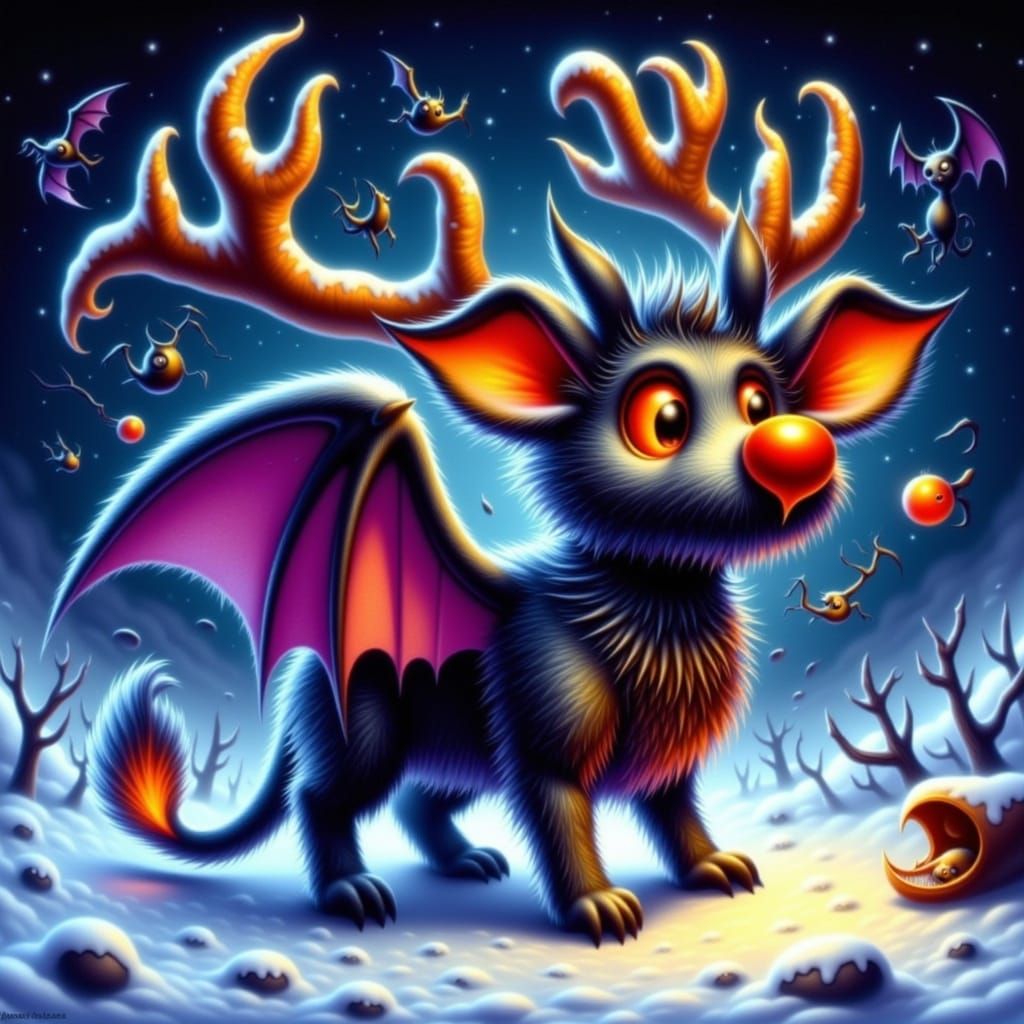 Whimsical Halloween Bat-Reindeer Hybrid Art