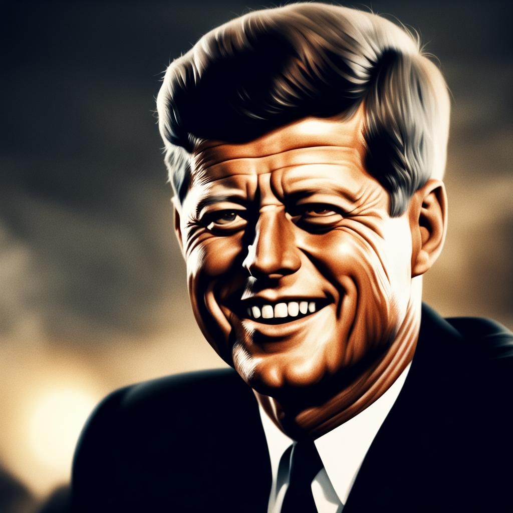 Smiling JFK Portrait in Dark, Cinematic Style