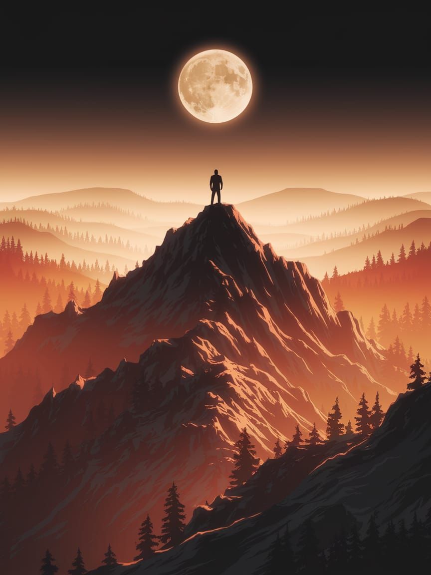Lone Figure Silhouetted on Mountain Peak in Moonlight