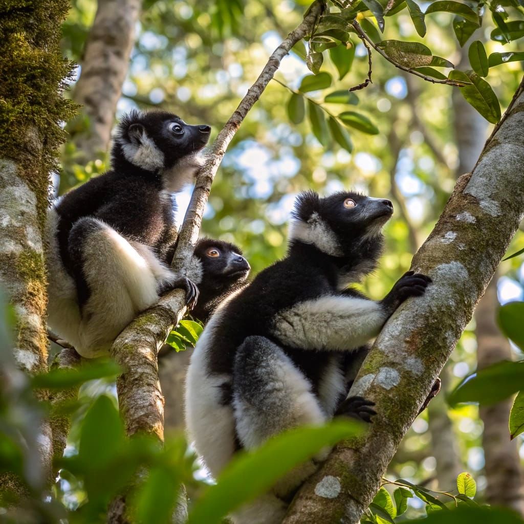 A small family of Indri relaxing in the tree tops